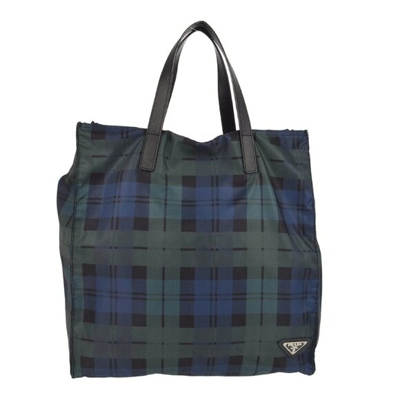 Prada Green Blue Black Nylon Check Tote Handbag 6 XX06446 - Picture 1 of 10